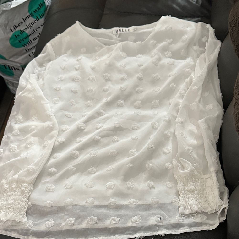 Belle Polkadot Sheer Textured Blouse Round Collar, White, Medium